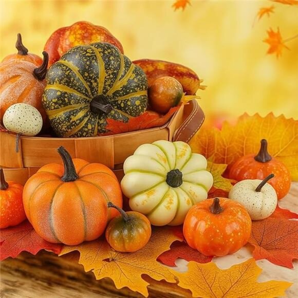 Artificial Pumpkin Set 14 PCS with 30 Maple Leaves Fall Harvest Thanksgiving Dec - Picture 7 of 7
